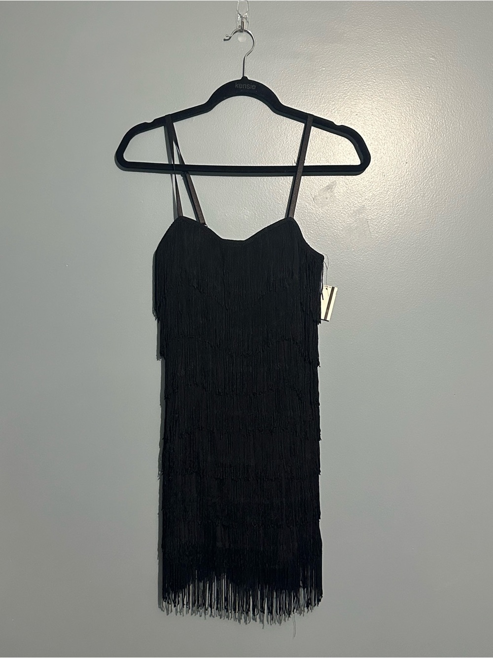 Black Fringe Slip Dress with Spaghetti Straps - Small